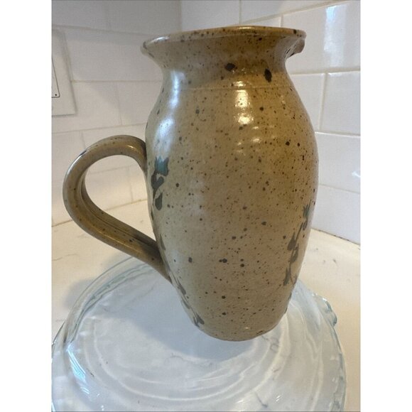 Small Handmade Pitcher Brown With Flowers 7 1/2 Tall Vintage - Picture 5 of 16